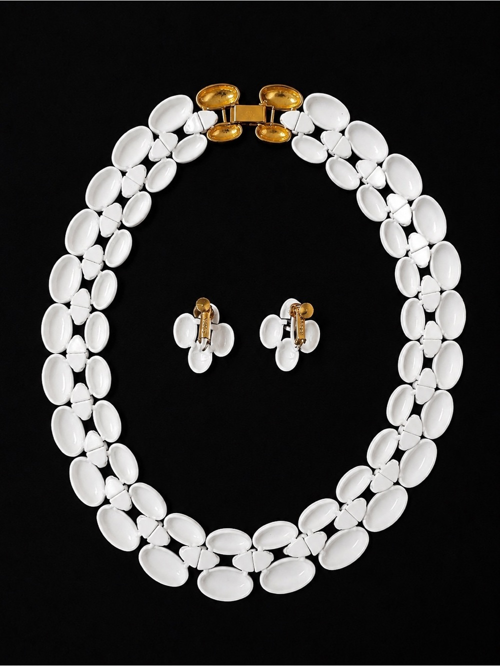 Vintage Signed Napier White Enamel Necklace & Clip-On Earring Set Gold Tone - Picture 4 of 7